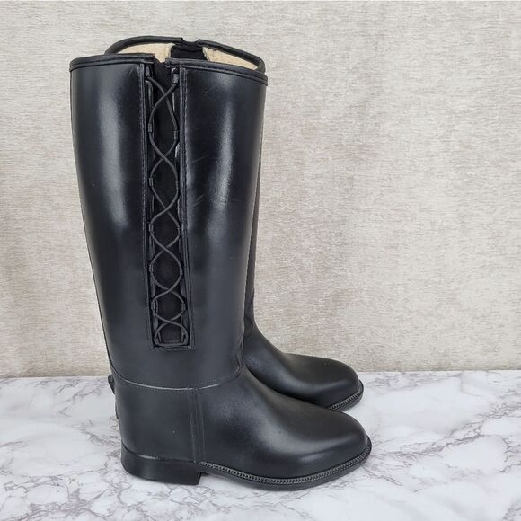 Dav Holloway Tall Black Lace Side Weatherproof Riding Boots Women's US 6 Euro 36 - Picture 1 of 16